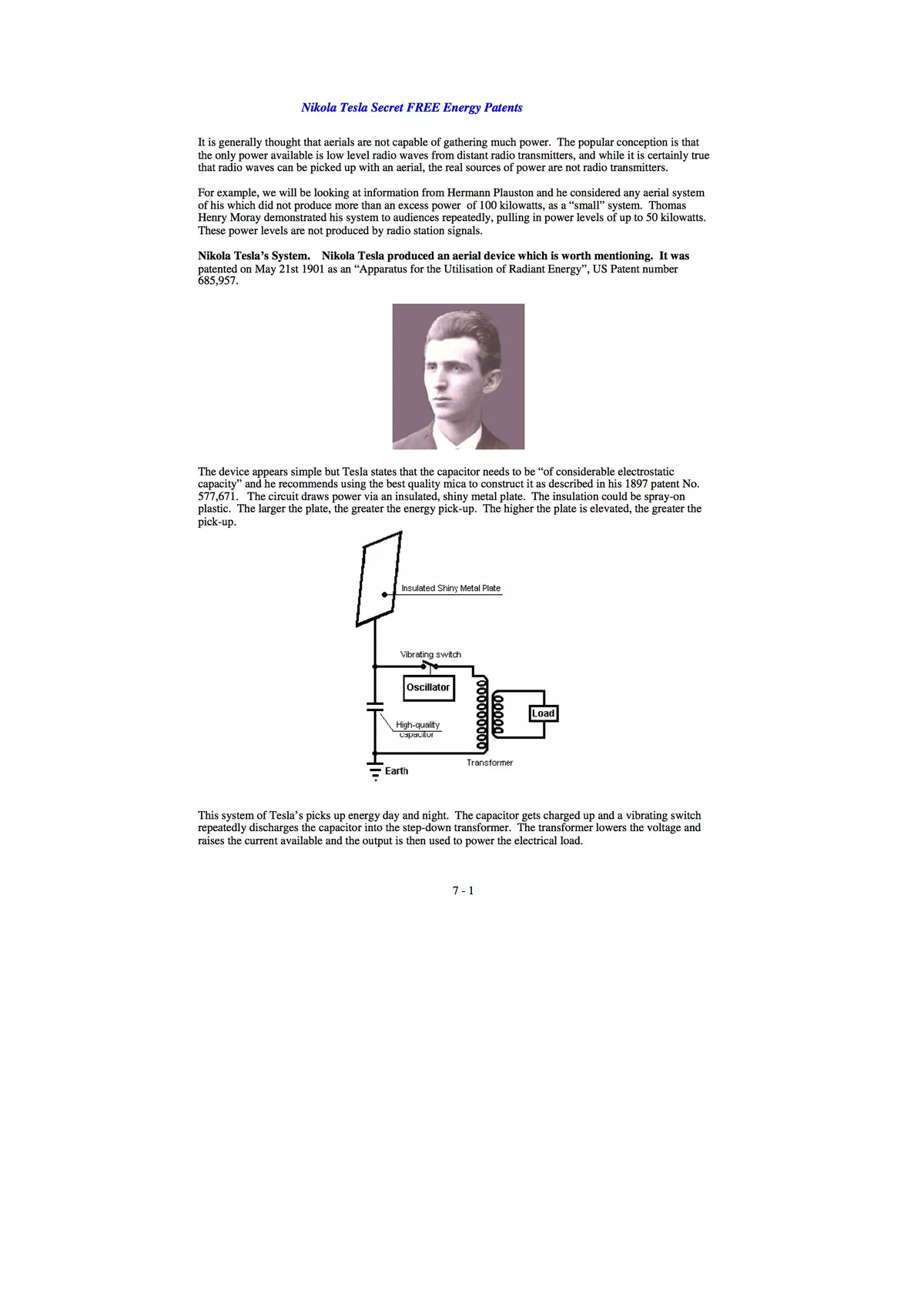 Nikola Tesla's aerial device diagram for free energy system